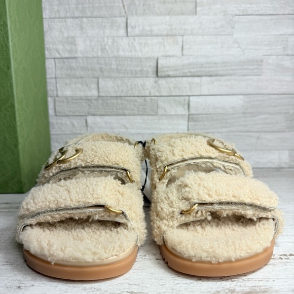 Gucci Women’s 38.5 Merino Wool Shearling GG Marmont Dad Sandals Buterscotch NEW - Picture 3 of 16